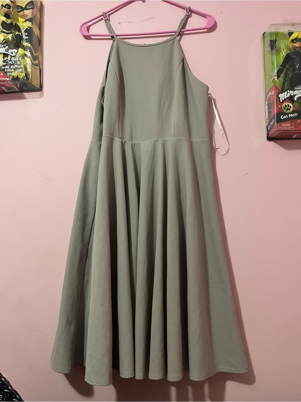 ⭐️Sage Green A-Line Midi Dress with Spaghetti Straps
